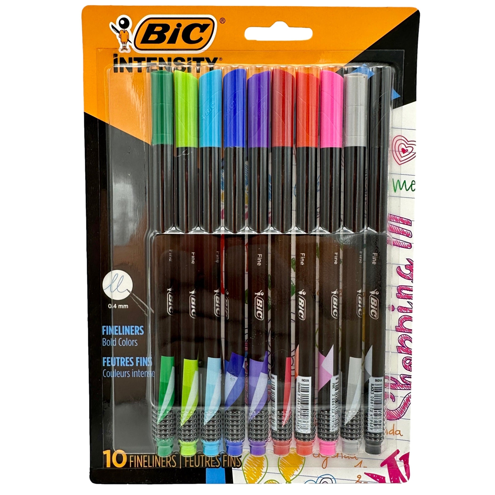 Pack of 10 Bic Intensity fineliner pens in various bold colors, packaged in clear plastic on an orange and black cardboard backing.