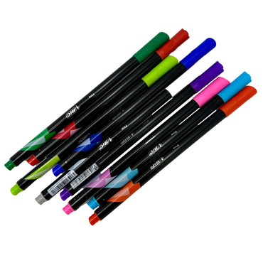 A set of ten colorful Bic fine-tip markers with black barrels arranged on a white background.