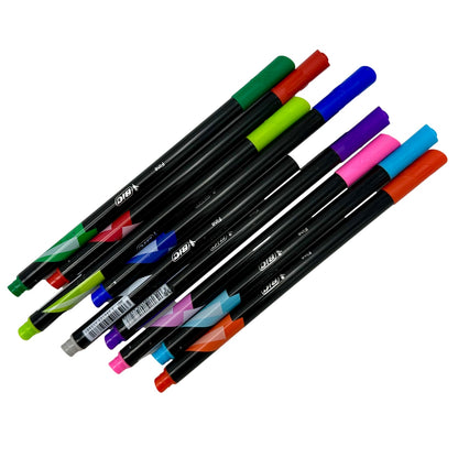 A set of ten colorful Bic fine-tip markers with black barrels arranged on a white background.