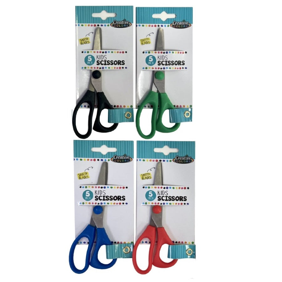 Four packs of 5-inch kids' scissors with black, green, blue, and red handles on blister cards.