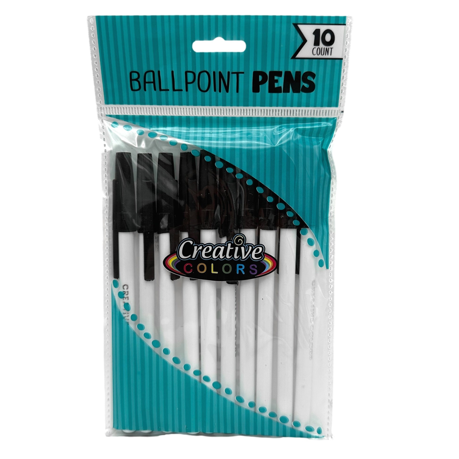 Pack of ten black ballpoint pens.