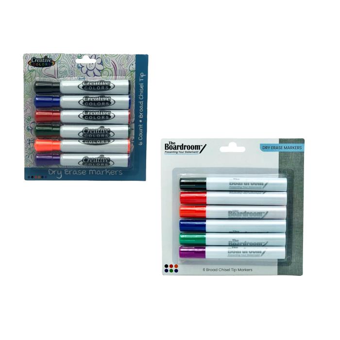 6 CT DRY-ERASE MARKERS BROAD CHISEL TIP MULTI-COLOR
