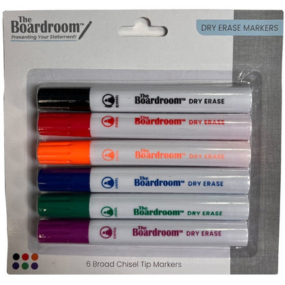 A package of six whiteboard markers in black, red, orange, blue, green, and purple.