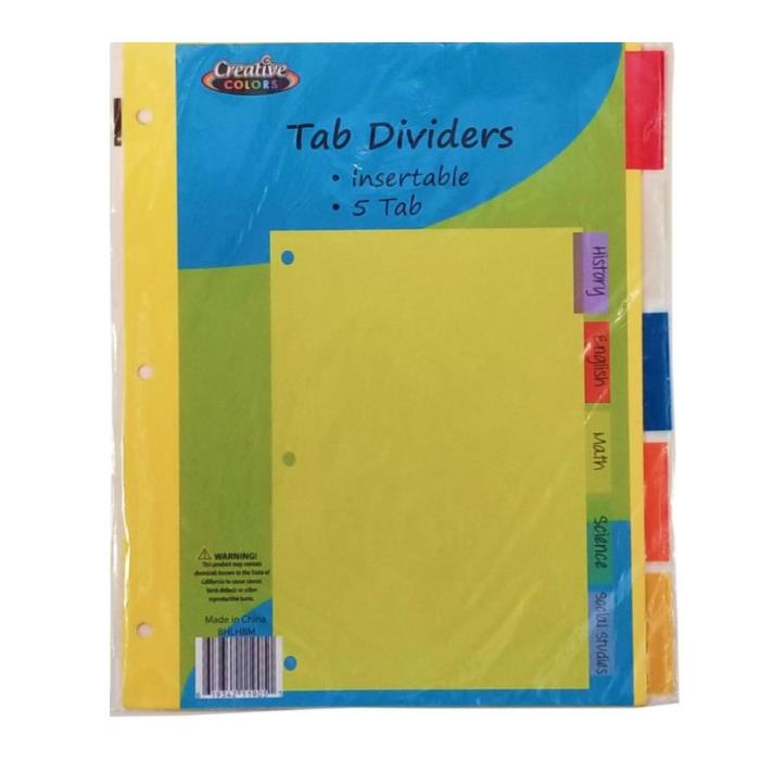5 TAB BINDER DIVIDERS INSERTABLE COLOR TABS