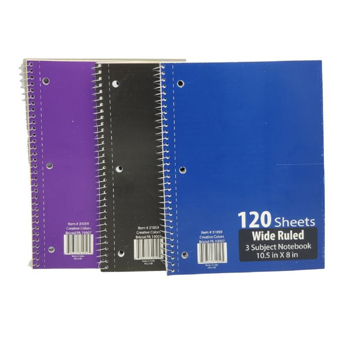 WIDE RULED 3 SUBJECT NOTEBOOK 120 PAGE ASSORTED