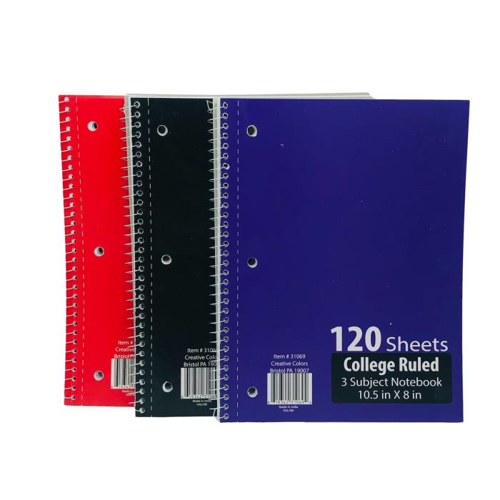 COLLEGE RULED 3 SUB NOTEBOOK 120 PAGE ASSORTED