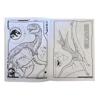 Open coloring book with dinosaur illustrations.