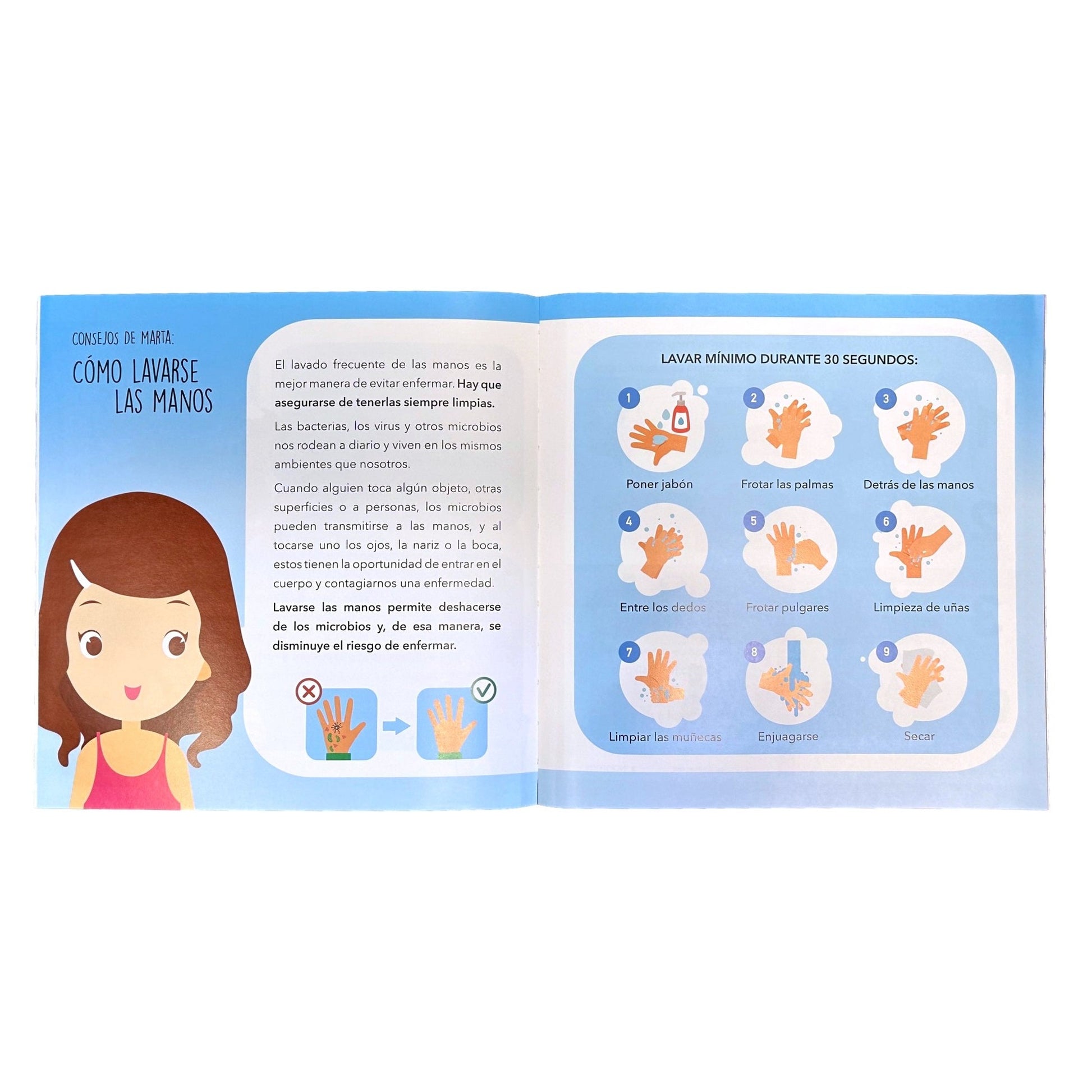 An open, illustrated book with instructions on washing hands.