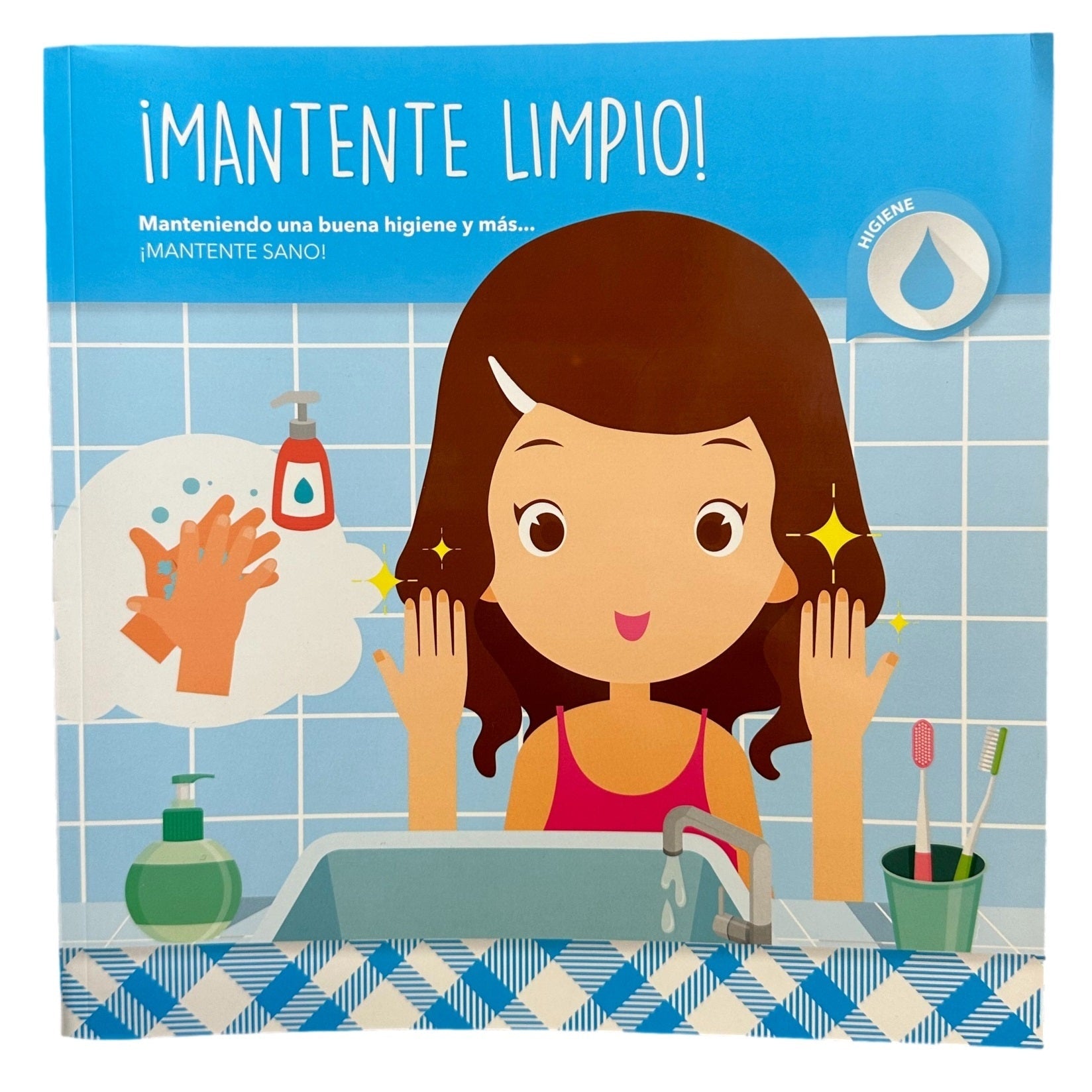 Close-up of a children's book cover in Spanish, showcasing hygiene, with a young girl and bathroom scene.