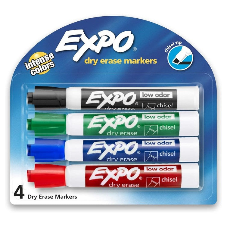 Four Expo dry erase markers with chisel tips in black, green, blue, and red.
