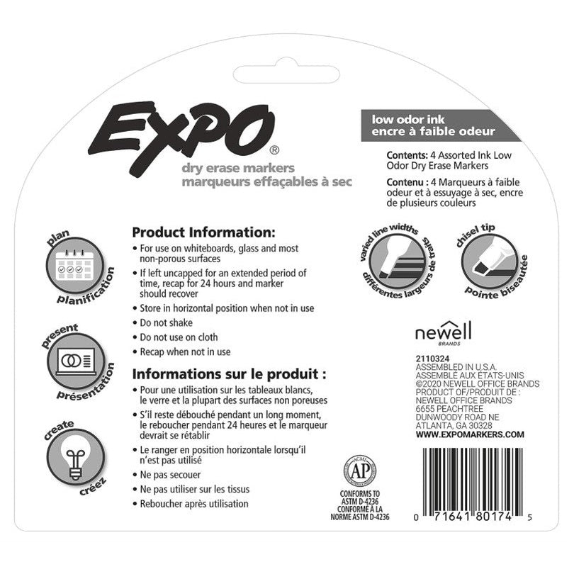 Expo dry erase marker packaging with product information in English and French.