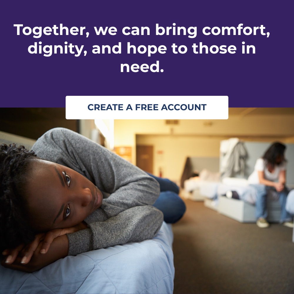 A promotional graphic with a purple header containing the text 'Together, we can bring comfort, dignity, and hope to those in need.' and a white button that says 'CREATE A FREE ACCOUNT.