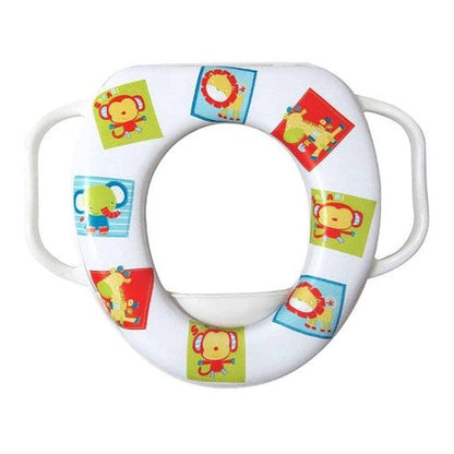 White child-sized toilet seat with animal prints and white handles.