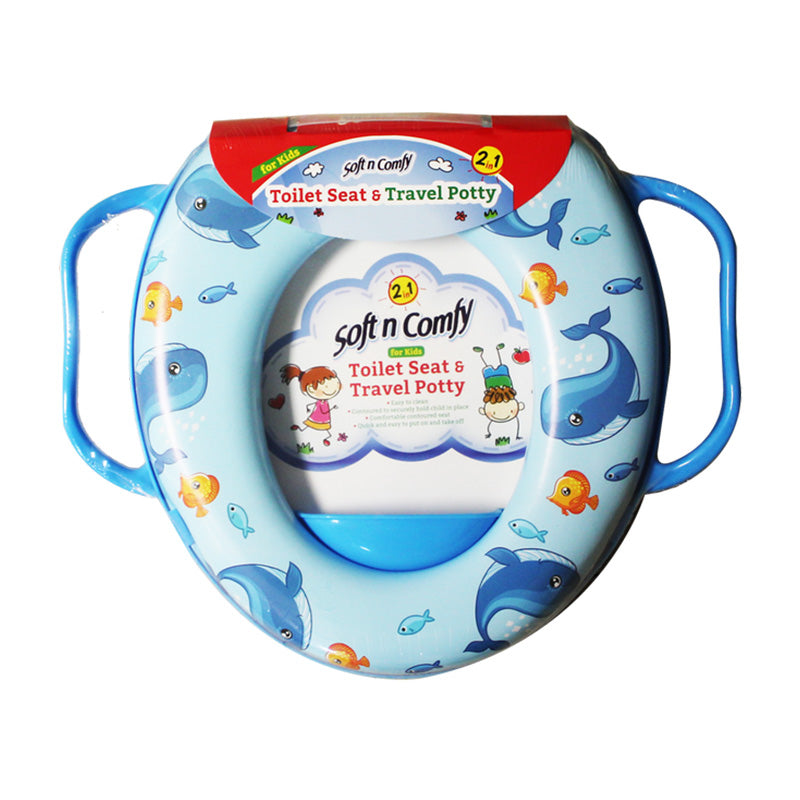 Blue plastic potty seat with whale and fish design.