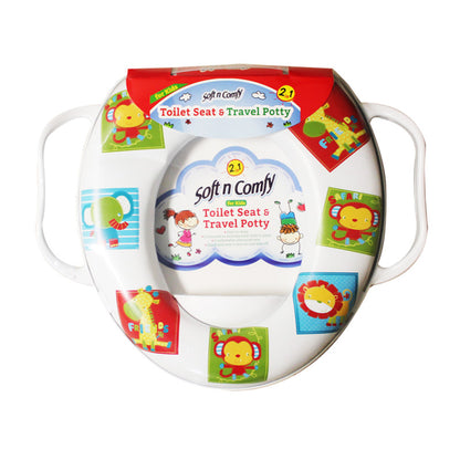 A soft, white, potty seat with colorful cartoon animals around the ring.
