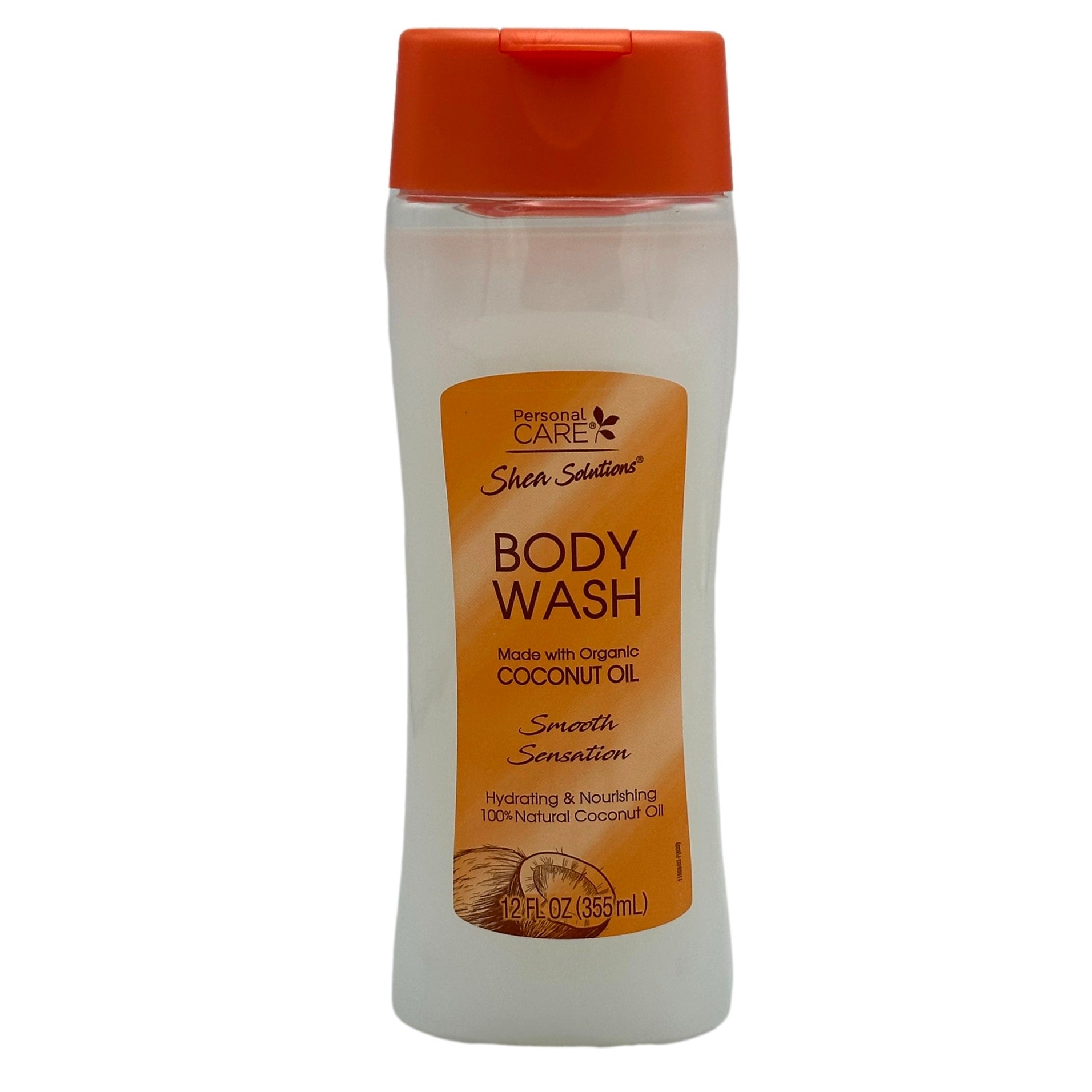 Clear bottle of Personal Care Shea Solutions body wash with an orange lid.