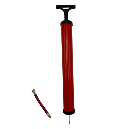 Red hand pump with black handle and needle, flexible hose.