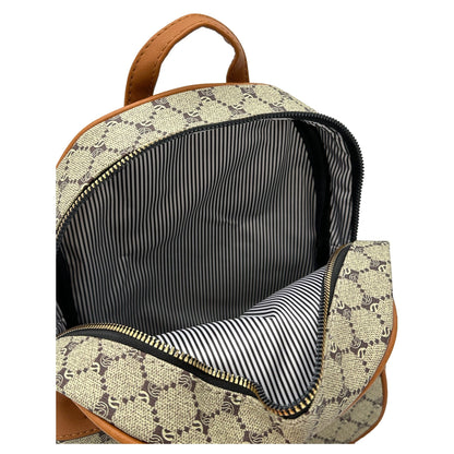 Open beige and brown patterned backpack with striped interior.