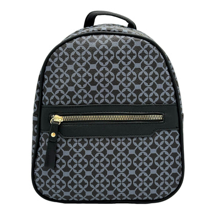 Black and gray patterned backpack with gold zipper.
