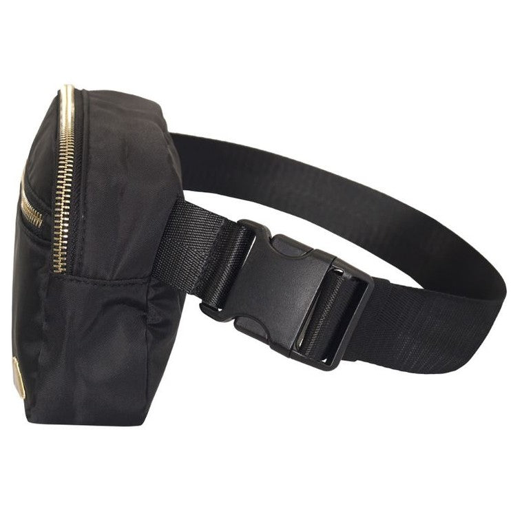 Black fanny pack with a gold zipper and black buckle strap.
