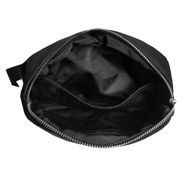 Open black cosmetic bag with zipper closure and mesh pocket.
