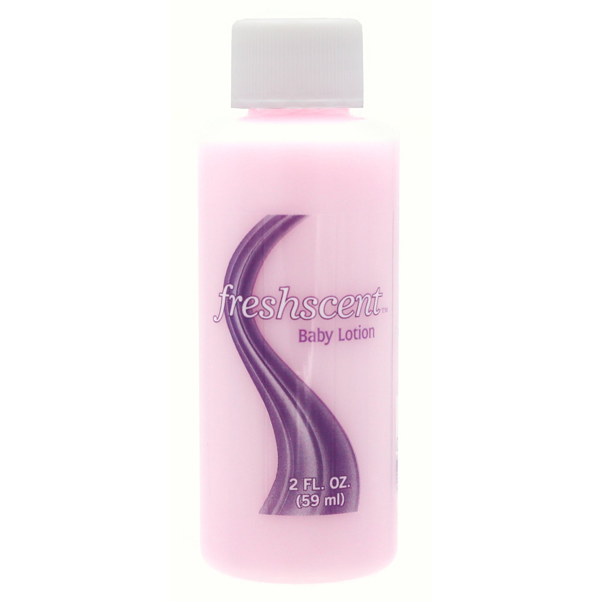 Pink bottle of Freshscent baby lotion with a white cap.