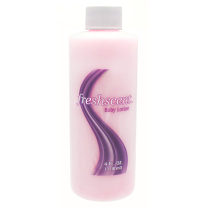 Pink bottle of freshscent baby lotion with a white cap.