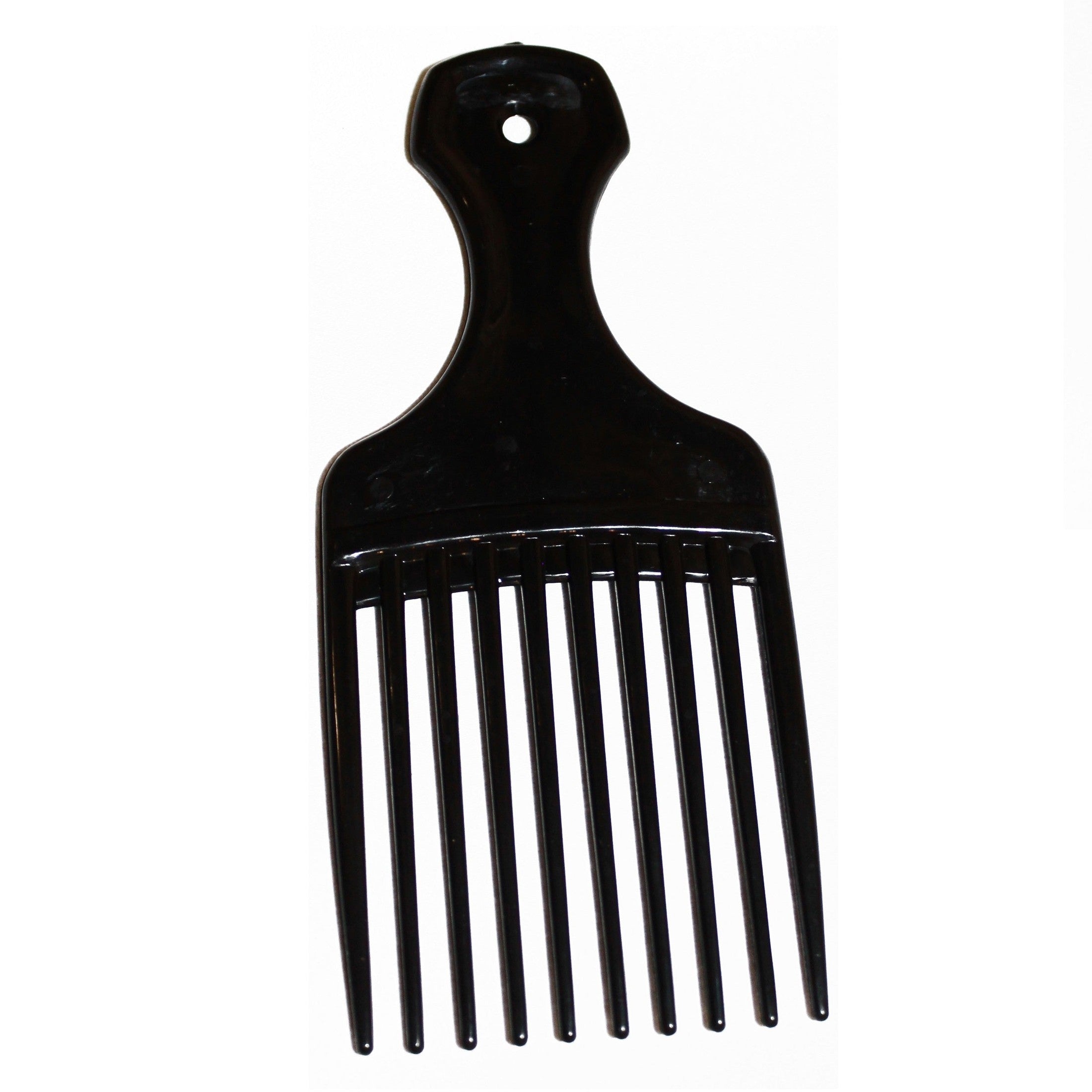 Black plastic hair pick.