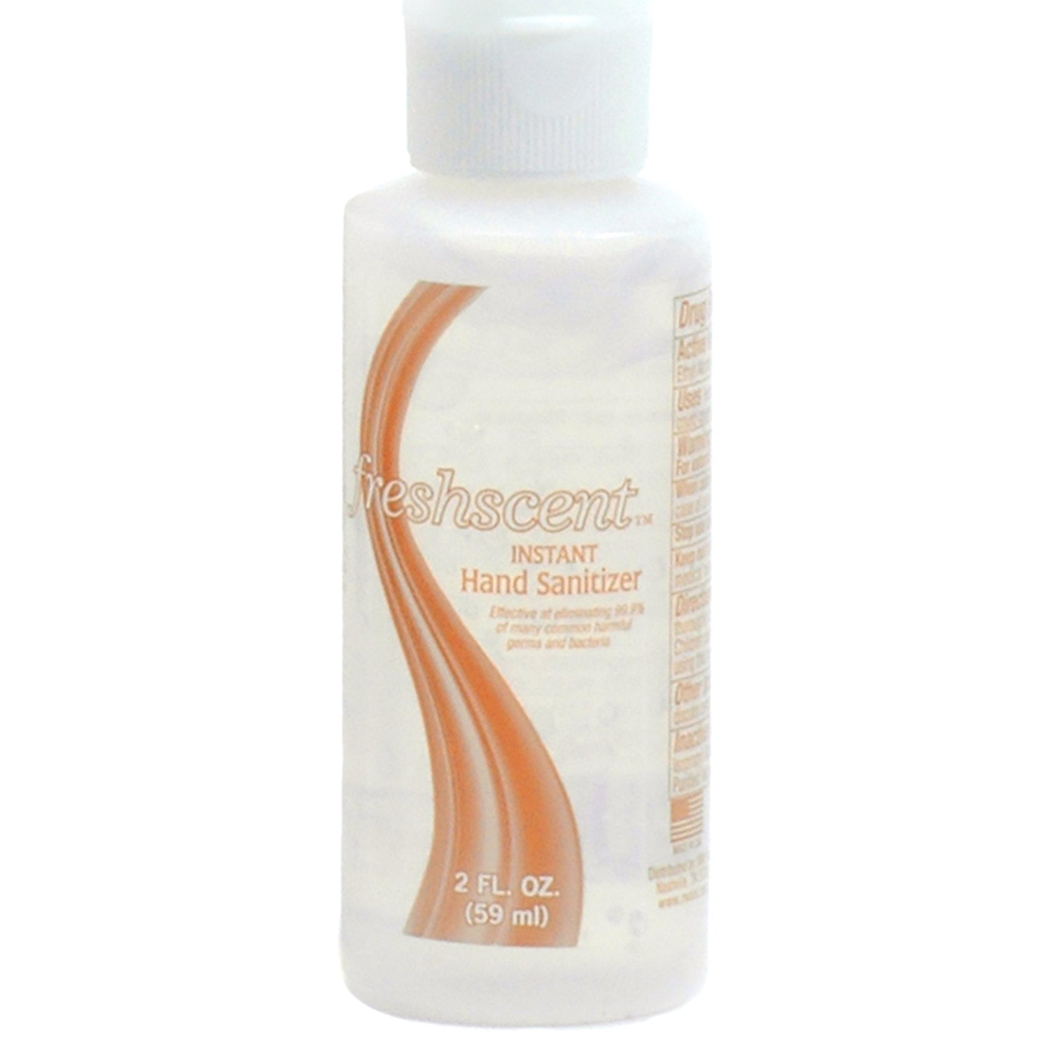 Bottle of Freshscent hand sanitizer with an orange design.
