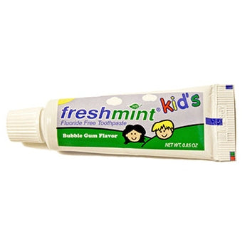 Here is a short, clear, and descriptive alt tag for the image:

Tube of Freshmint Kids fluoride-free bubblegum flavored toothpaste.
