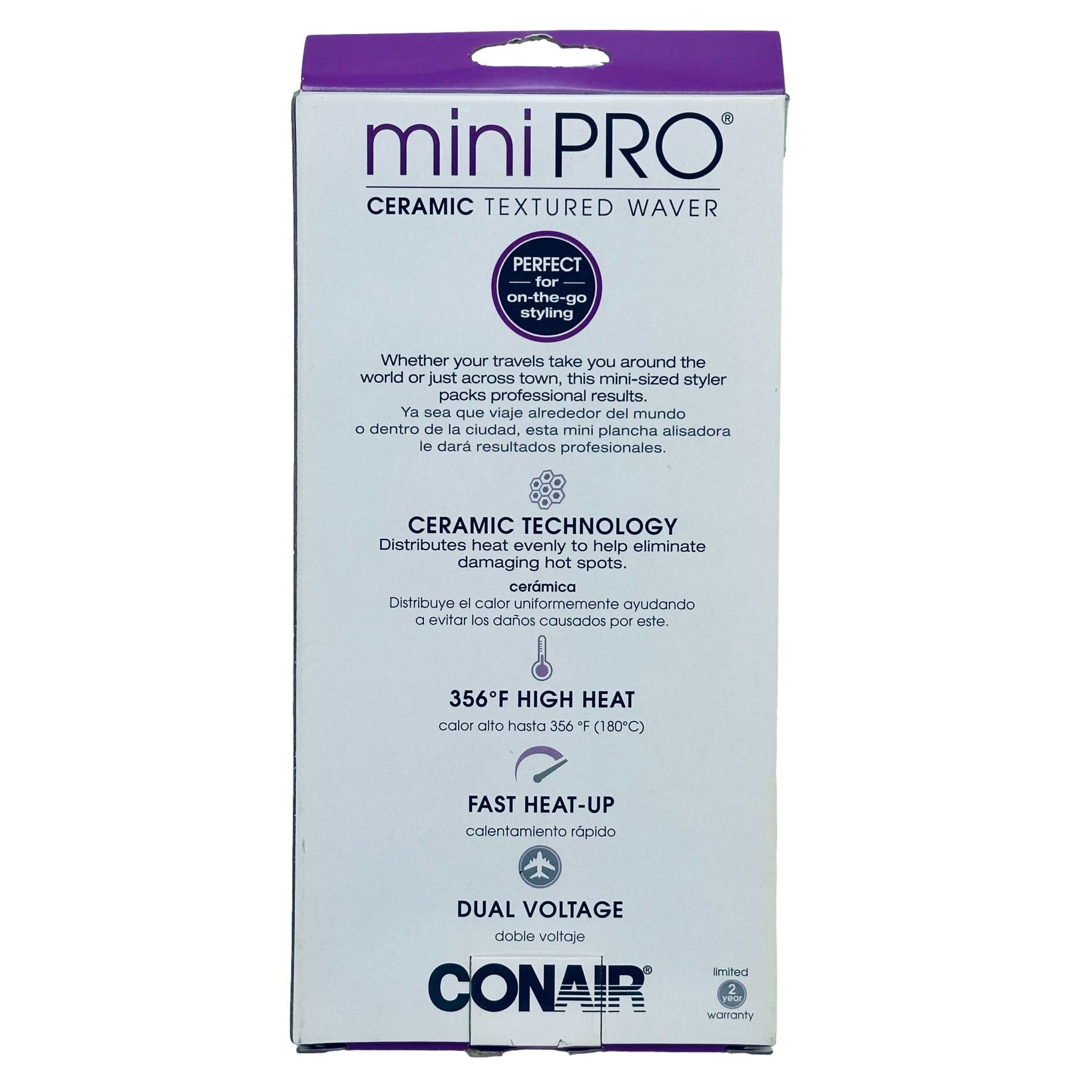 White product box with purple accent, advertising Conair miniPRO Ceramic Textured Waver.