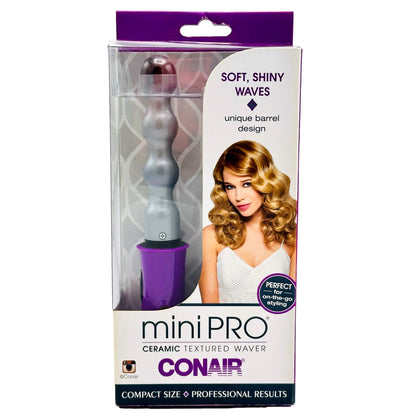 Box of a Conair Mini Pro ceramic hair waver with model showing wavy hair.