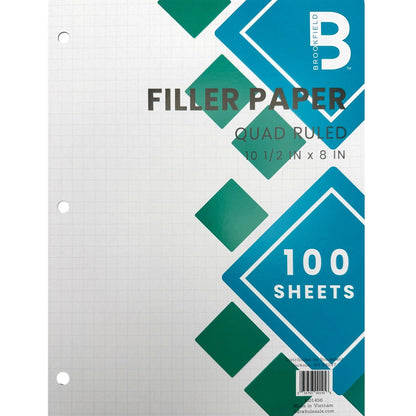Brookfield filler paper, quad ruled, 10 1/2 x 8 inches, 100 sheets.
