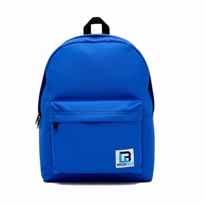 Blue backpack with a visible brand logo on a white background