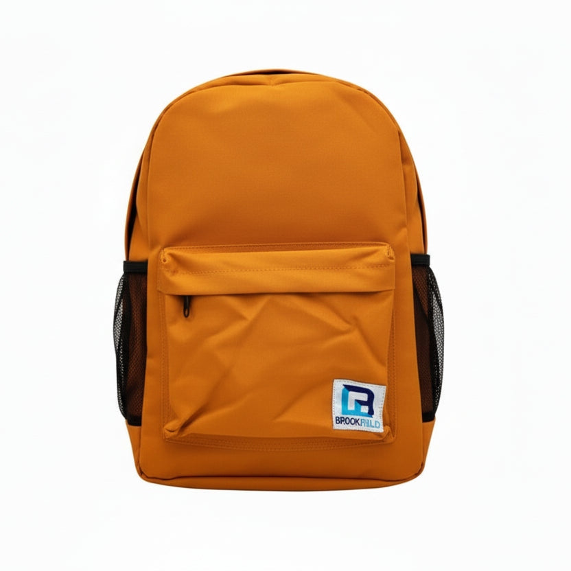 Orange backpack with a visible brand logo on a white background
