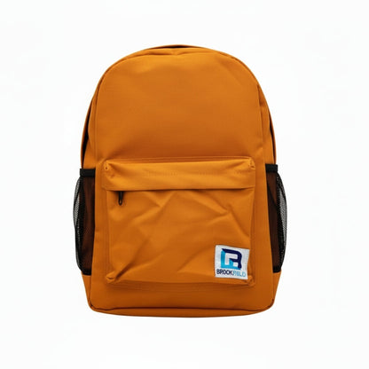 Orange backpack with a visible brand logo on a white background