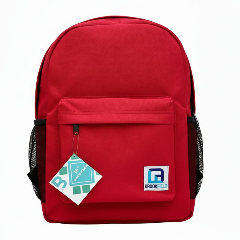 Red backpack with a visible brand tag on a white background