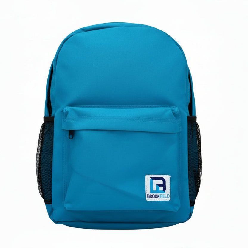 Blue backpack with a visible brand logo on a white background