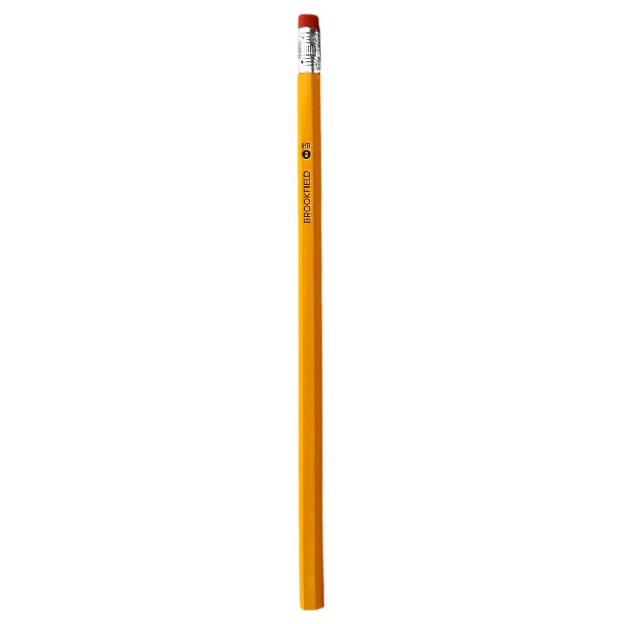 Yellow Brookfield HB pencil with red eraser.
