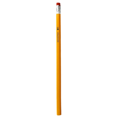 Yellow Brookfield HB pencil with red eraser.
