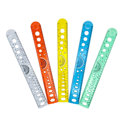 Five colorful rulers of varying designs and shades.