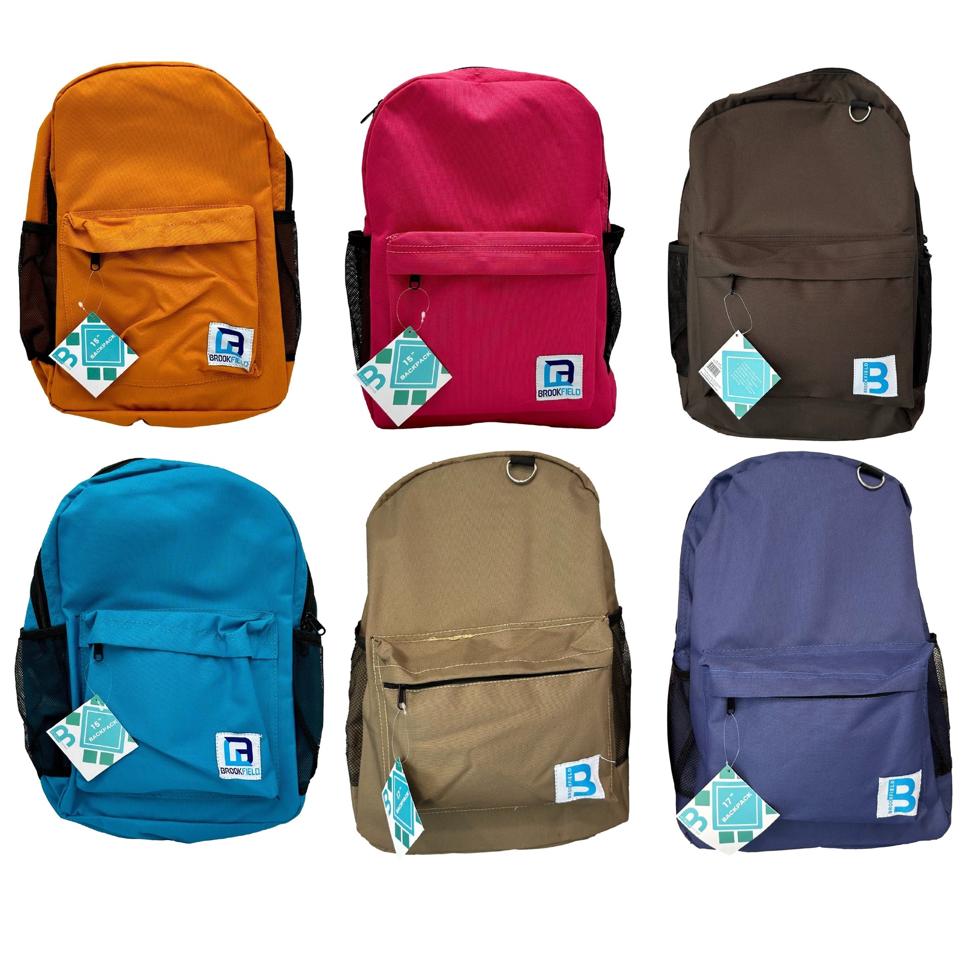 Six backpacks in various colors (orange, pink, brown, blue, tan, and navy) with black mesh side pockets and price tags.