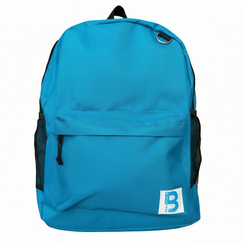 Blue backpack with a brand tag on a white background