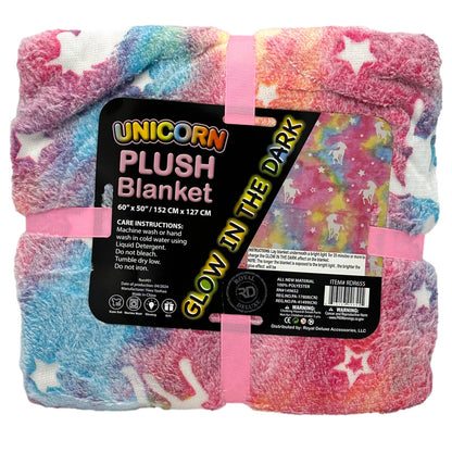 A folded unicorn plush blanket with a pink ribbon.