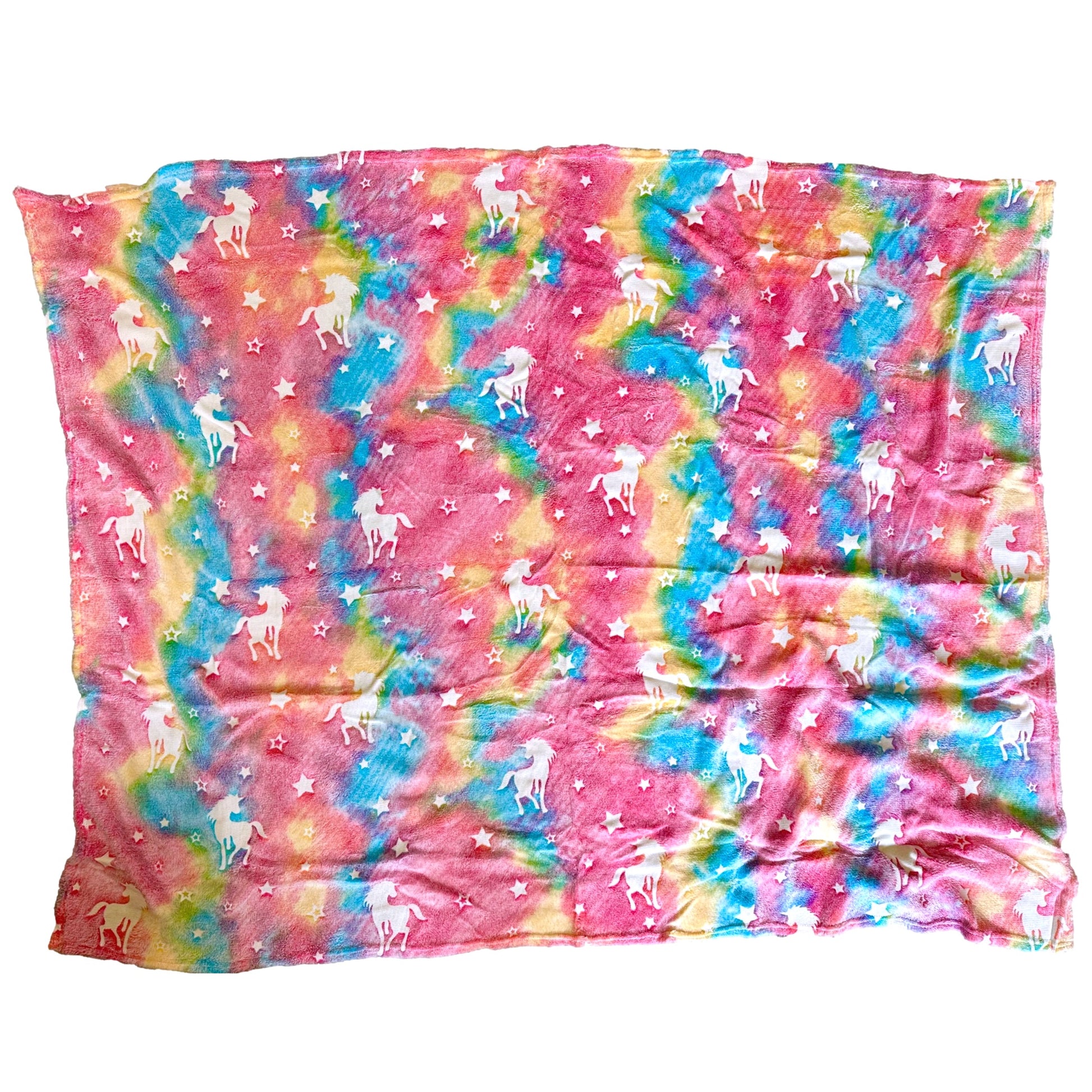 Pink and blue unicorn and star patterned blanket.