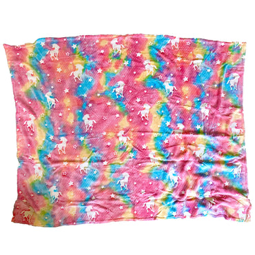 Pink and blue unicorn and star patterned blanket.