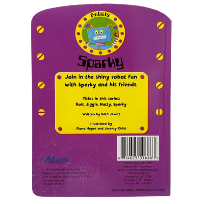 Back cover of the book "Sparky" in the Robots series, featuring a yellow robot illustration with the title and publisher information on a purple background.
