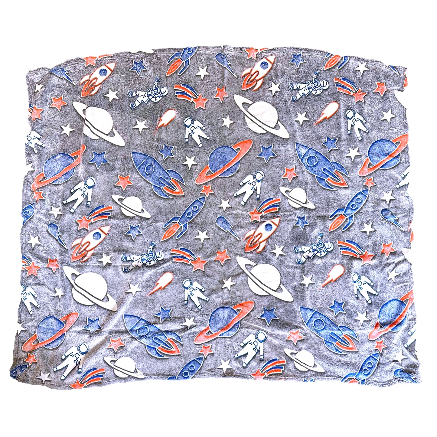 Gray blanket with space-themed print featuring rockets, planets, astronauts, and stars.