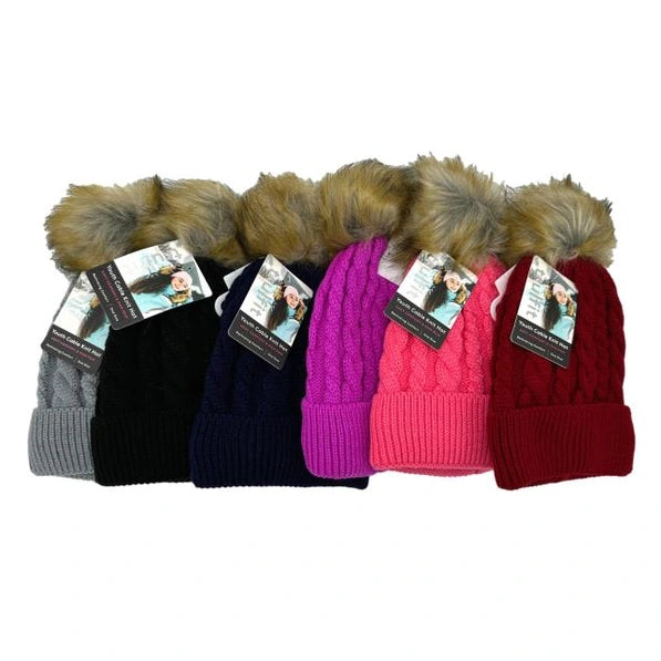 GIRLS CABLE KNIT BEANIE HAT WITH POM POM ASSORTED