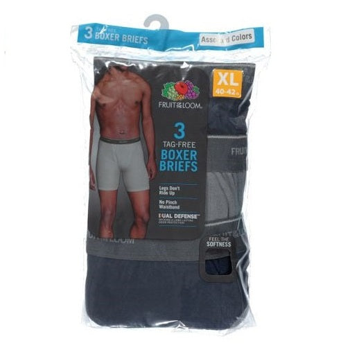 A package of Fruit of the Loom men's 3-pack boxer briefs, size XL, with a headless male model wearing a pair.